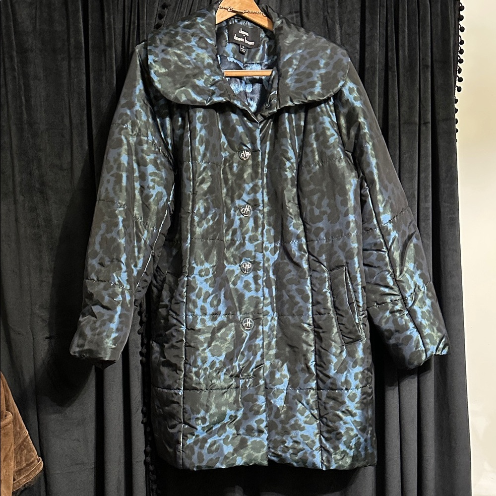 Dennis Basso Black and Blue Leopard Puffer Coat